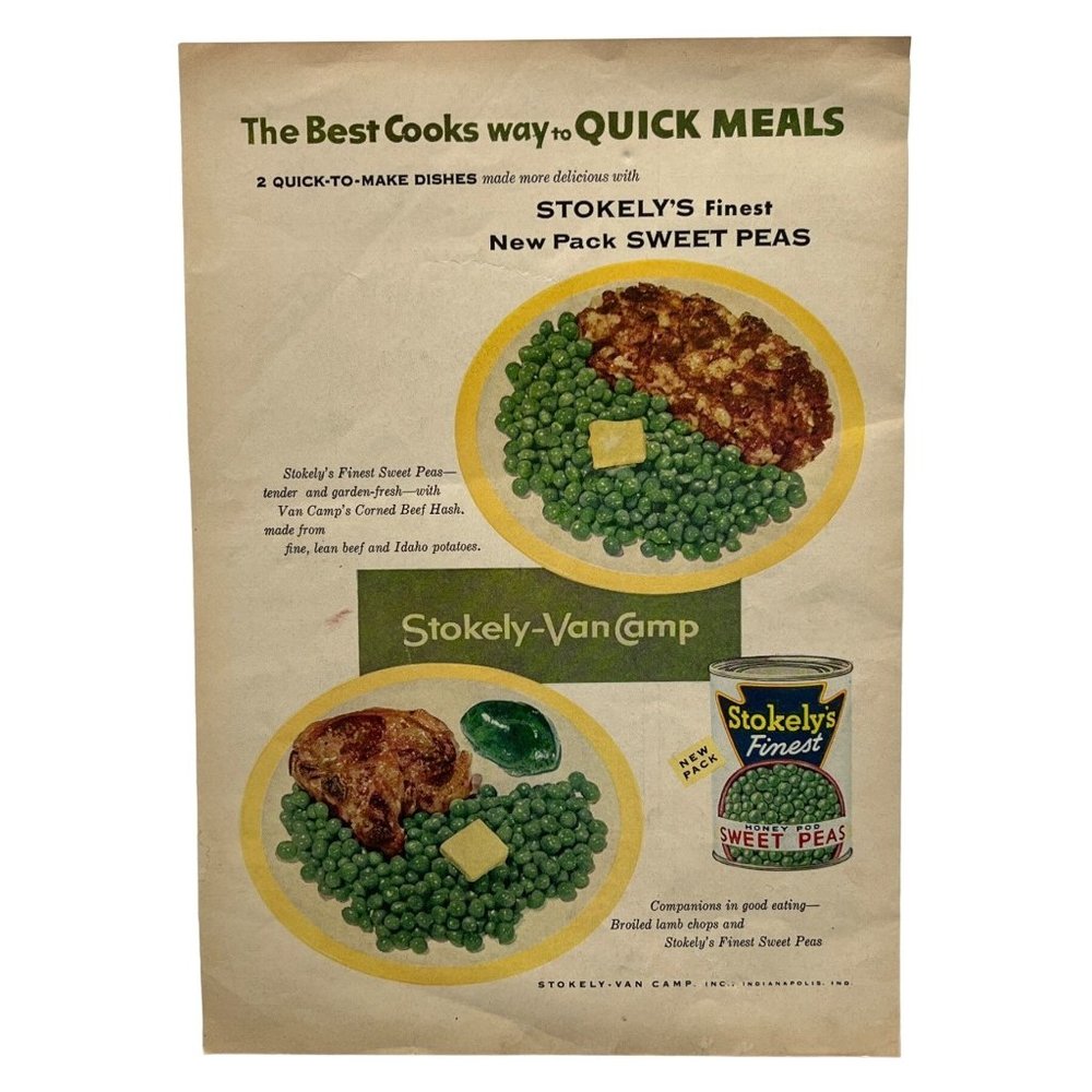 Stokely's Van Camp Sweet Peas Vintage Print Ad 1954 Vegetables Kitchen Decor
